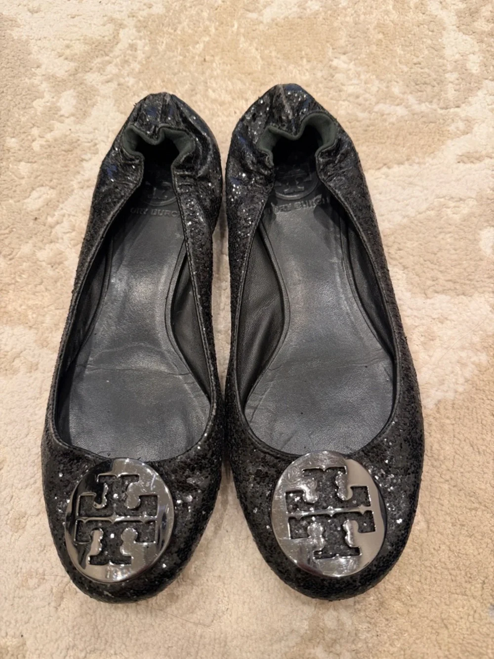 Tory Burch Black Glitter Reva Ballerina Flats Size 7.5